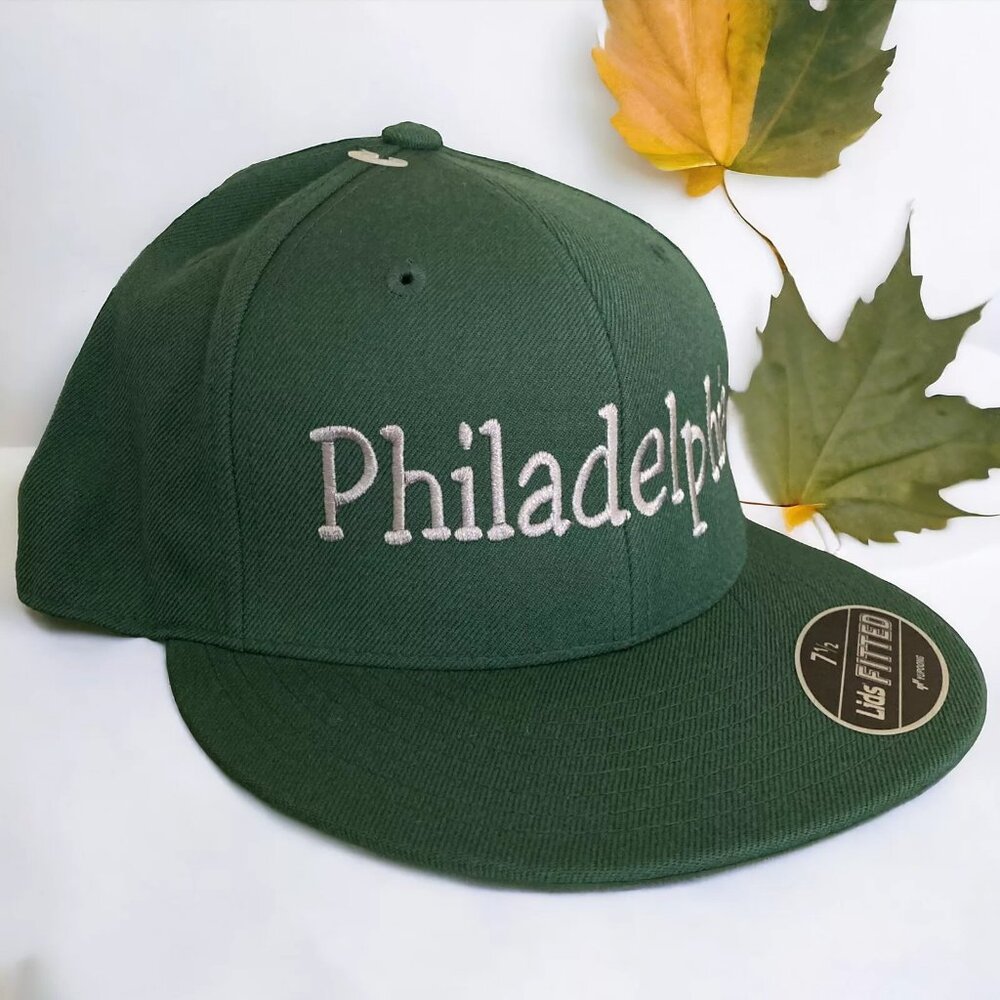 ew Men's Philadelphia Hat Fitted Stretch 7.5" LIDS Green Gray Embroidered